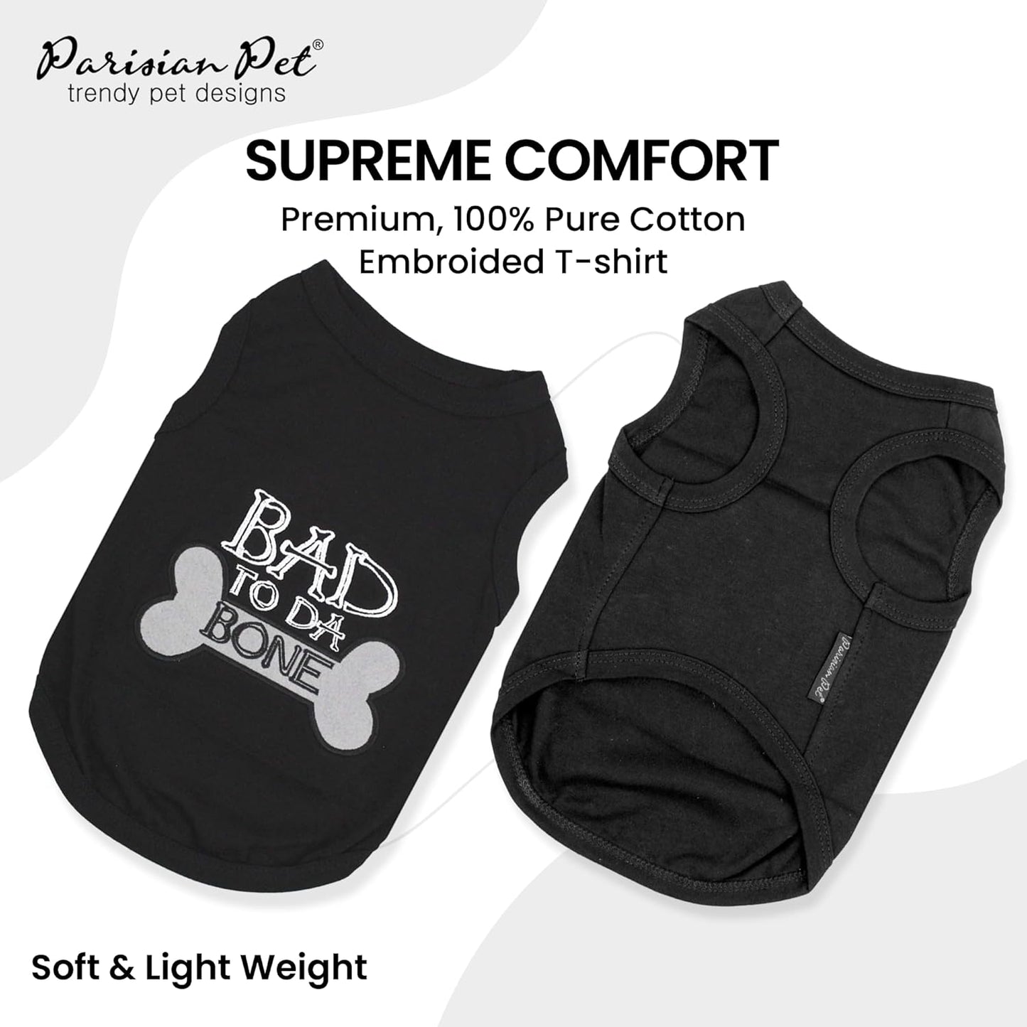 Dog T-Shirt - Embroidered Bad to Da Bone Dog Clothes - 100% Cotton, Sleeveless Pet Vest - Machine Washable Shirt for Small Dogs XS