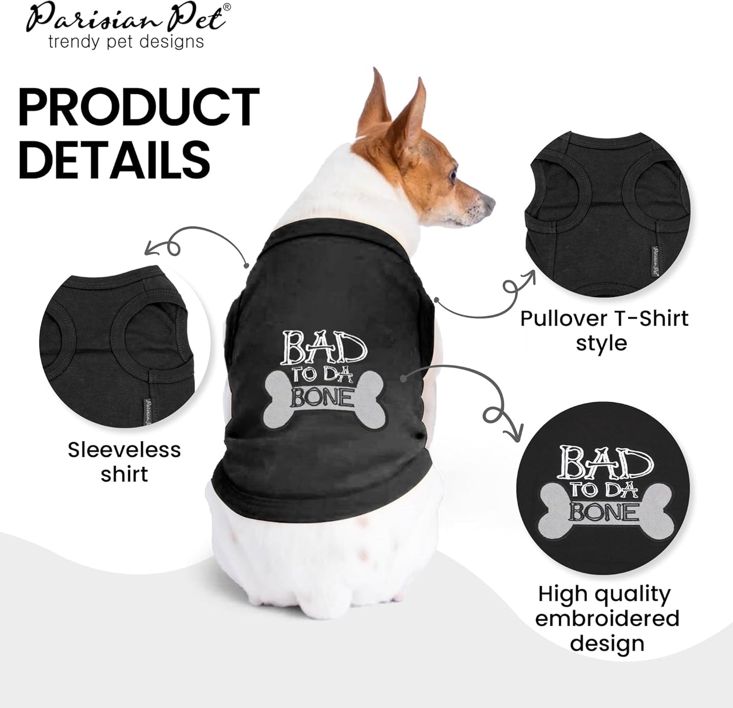 Dog T-Shirt - Embroidered Bad to Da Bone Dog Clothes - 100% Cotton, Sleeveless Pet Vest - Machine Washable Shirt for Small Dogs XS