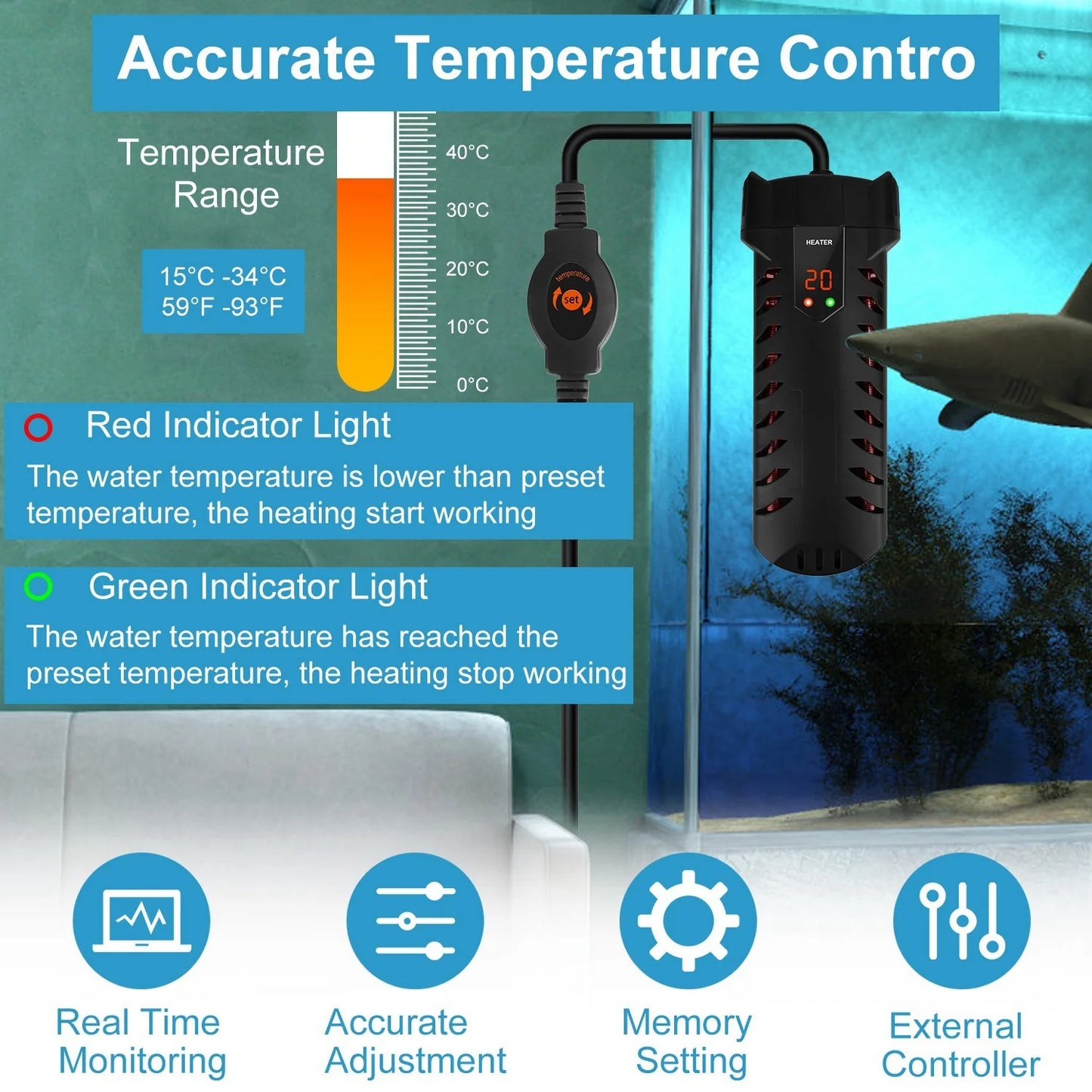 500W Submersible Aquarium Heater Temperature Adjustable External Controller 79Gal Fish Tank Heater Aquarium Thermostat Heater for Freshwater Saltwater
