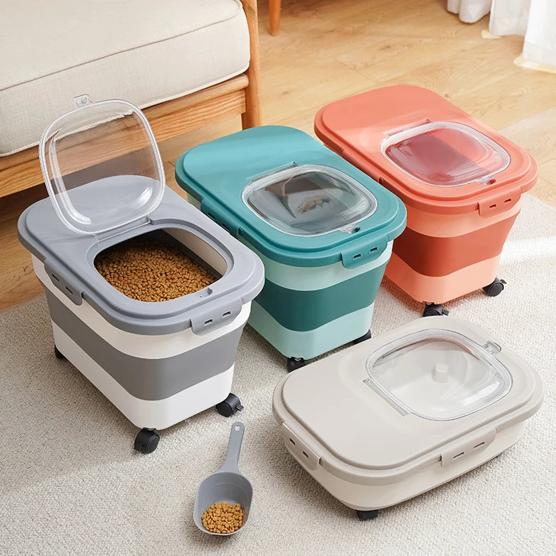 Foldable Cat Food Bucket on Wheels Multifunctional Pet Food Moisture Proof Box Dog Snack Container with Clear Lid Pet Supplies