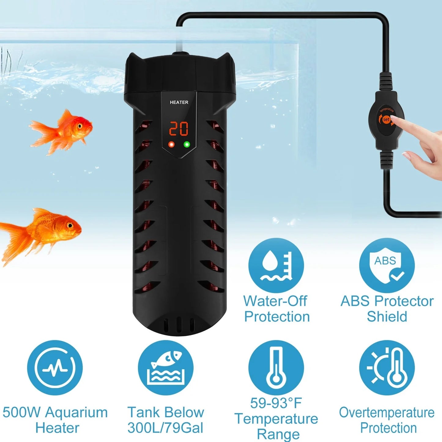 500W Submersible Aquarium Heater Temperature Adjustable External Controller 79Gal Fish Tank Heater Aquarium Thermostat Heater for Freshwater Saltwater