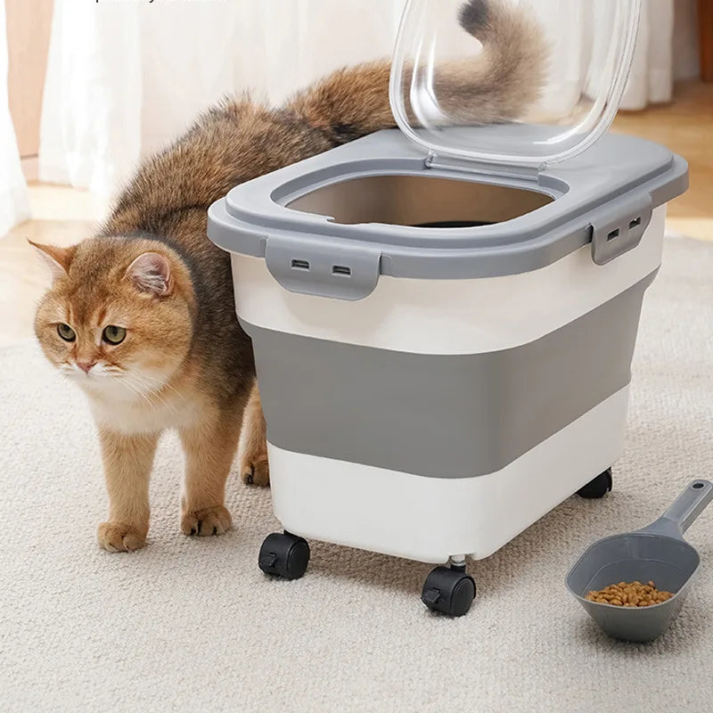 Foldable Cat Food Bucket on Wheels Multifunctional Pet Food Moisture Proof Box Dog Snack Container with Clear Lid Pet Supplies