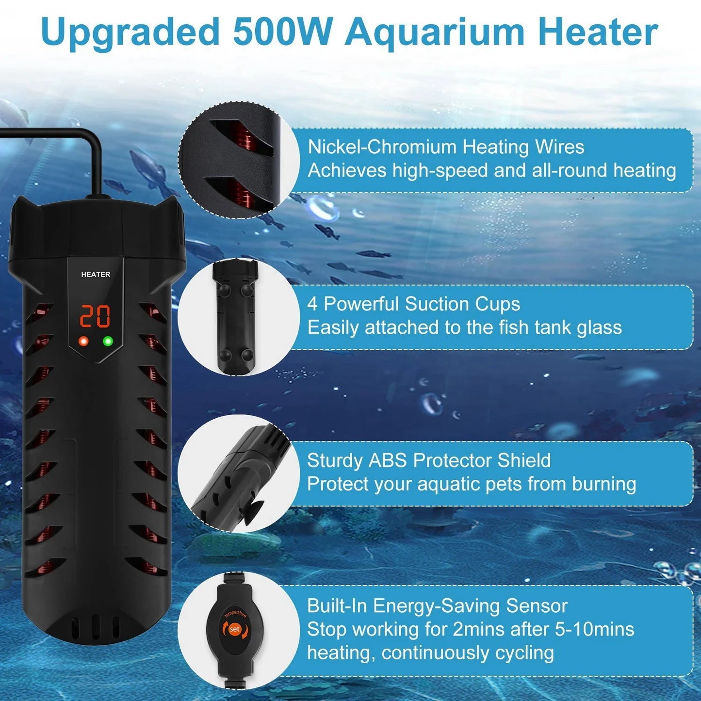 500W Submersible Aquarium Heater Temperature Adjustable External Controller 79Gal Fish Tank Heater Aquarium Thermostat Heater for Freshwater Saltwater