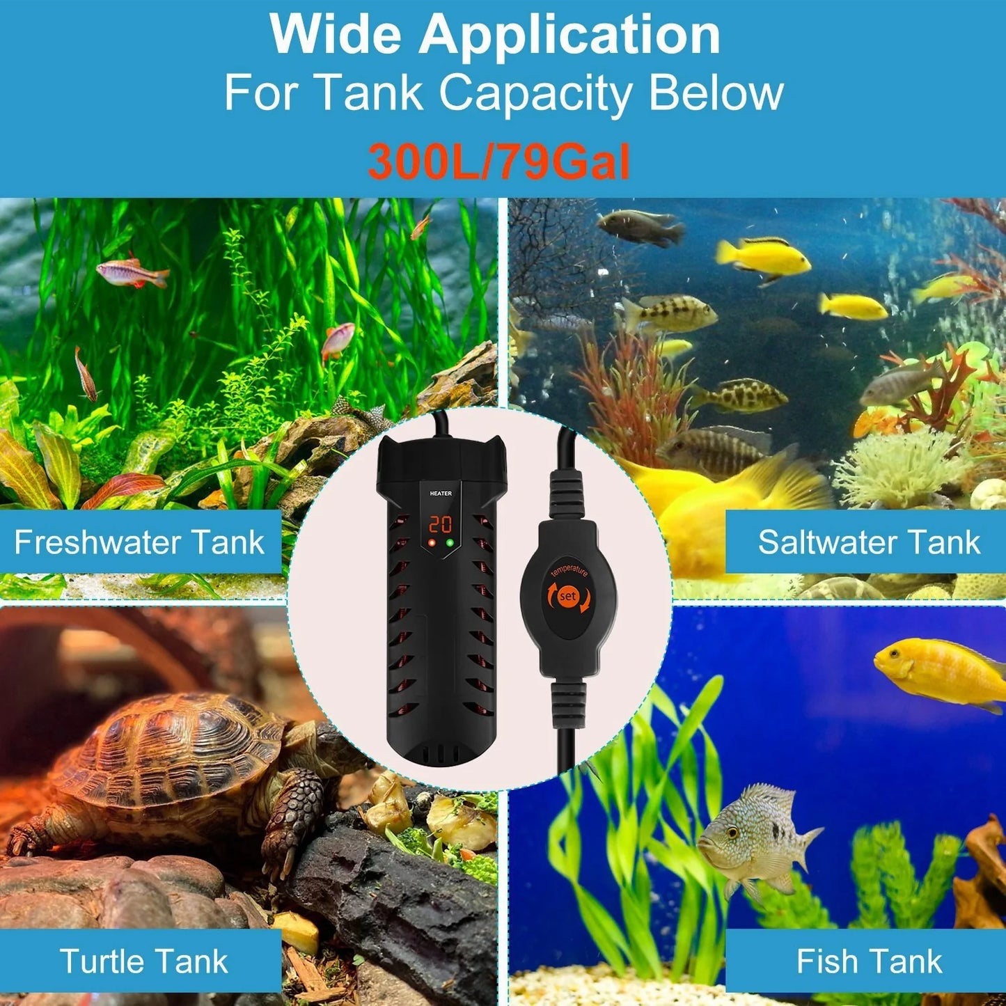 500W Submersible Aquarium Heater Temperature Adjustable External Controller 79Gal Fish Tank Heater Aquarium Thermostat Heater for Freshwater Saltwater