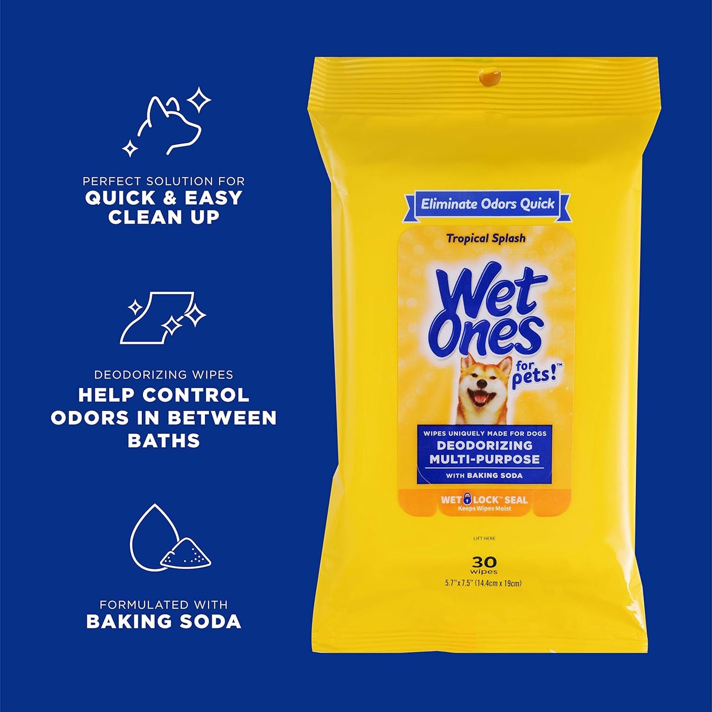 for Pets Deodorizing Multi-Purpose Dog Wipes with Baking Soda Dog Deodorizing Wipes for All Dogs in Tropical Splash Scent, Wipes with Wet Lock Seal Pouch Dog Wipes(Pack of 1,30 Count)