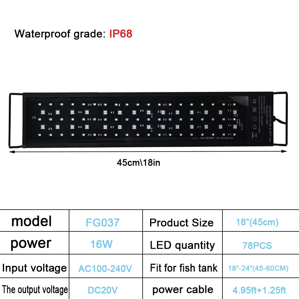 30-60Cm Fish Tank 24/7 Full Spectrum Lighting LED Light Aquarium Decoration Aquatic Plant Growth Lamp IP68 Waterproof 100V-240V
