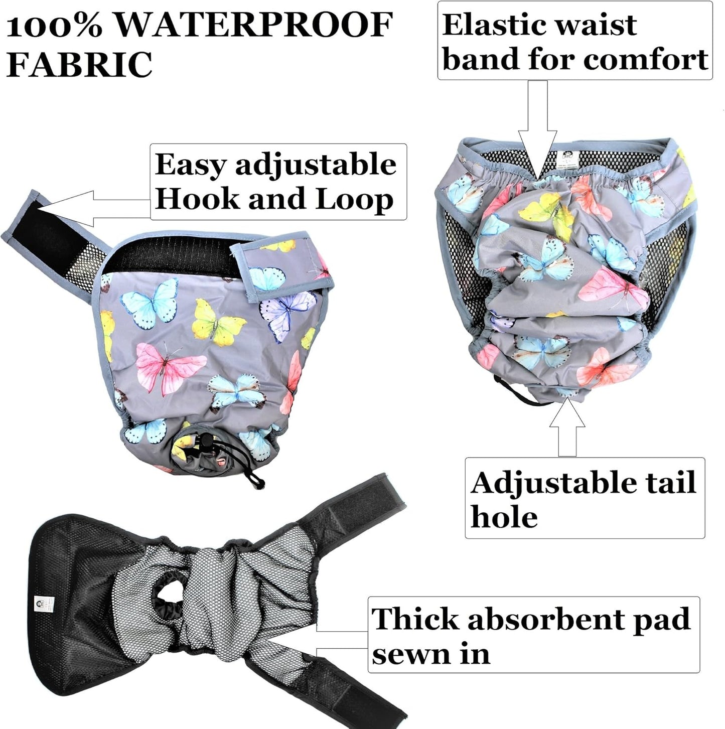 Leak Proof Waterproof Cat Dog Diapers Female Washable Reusable Absorbent Pad Padding Lined for Small Medium Large Pets (M: Waist 16" - 20", Pack of 2Pcs Pink and Gray)