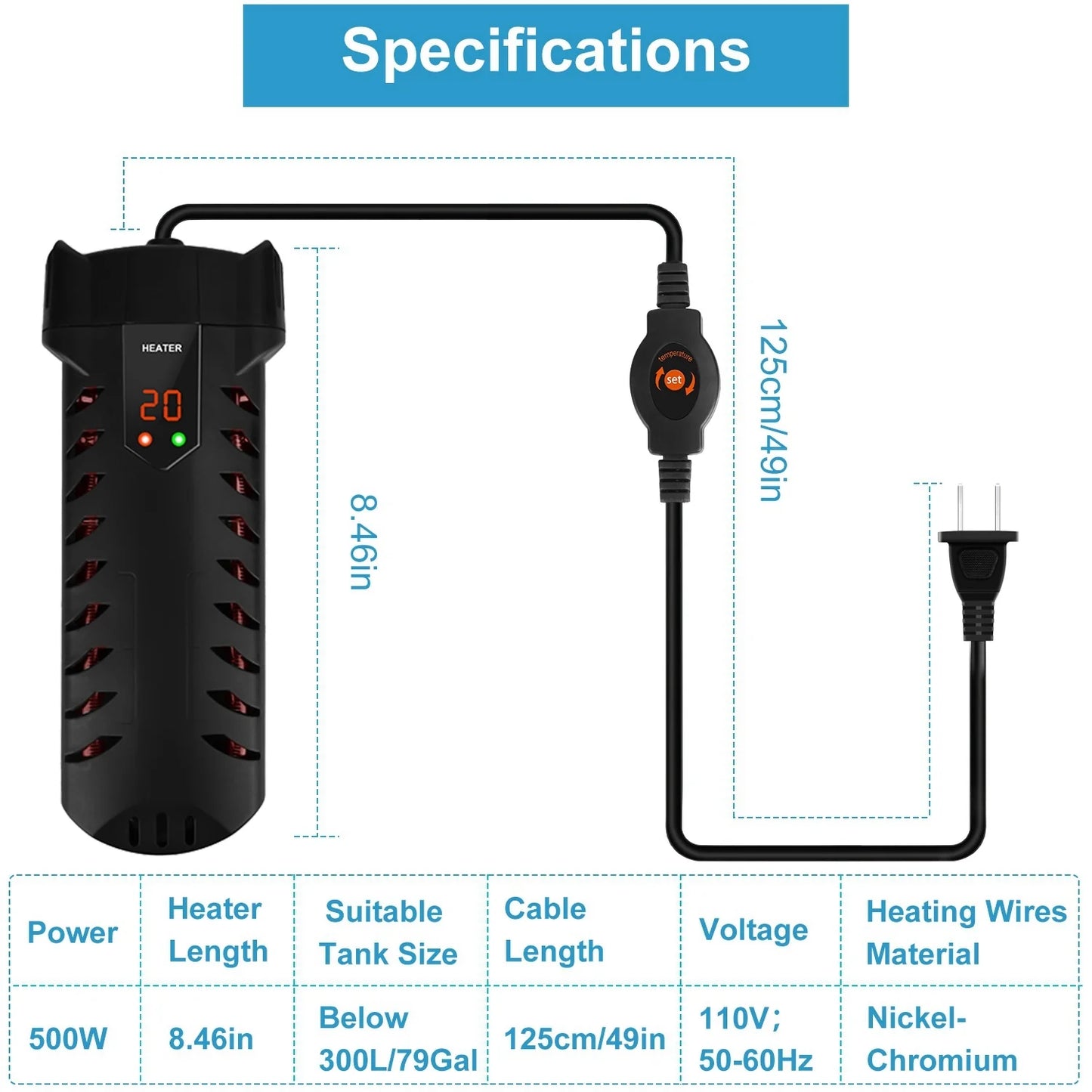 500W Submersible Aquarium Heater Temperature Adjustable External Controller 79Gal Fish Tank Heater Aquarium Thermostat Heater for Freshwater Saltwater