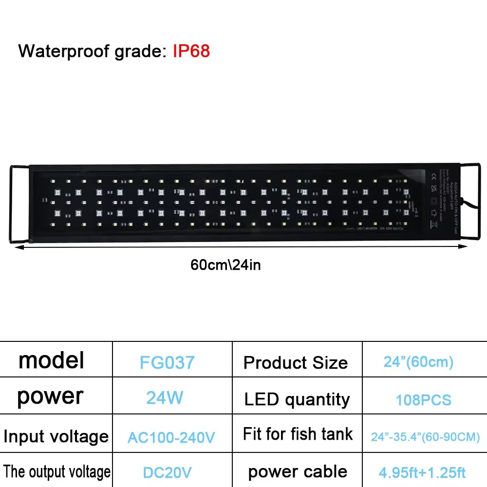 30-60Cm Fish Tank 24/7 Full Spectrum Lighting LED Light Aquarium Decoration Aquatic Plant Growth Lamp IP68 Waterproof 100V-240V