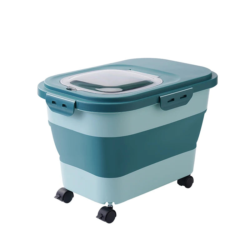 Foldable Cat Food Bucket on Wheels Multifunctional Pet Food Moisture Proof Box Dog Snack Container with Clear Lid Pet Supplies