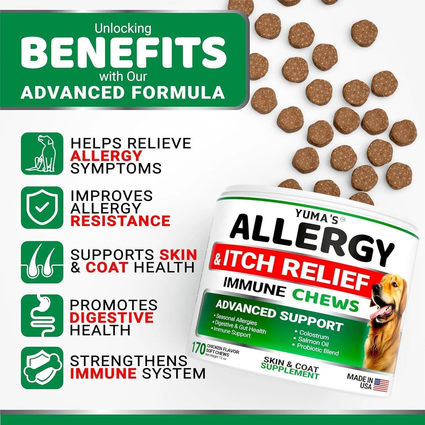 YUMA'S 2 Pack Dog Allergy Relief Chews Dog Itching Skin Relief Treatment Pills anti Itch for Dogs Itchy and Paw Licking Dry Skin & Hot Spots Omega 3 Fish Oil Skin & Coat Supplement