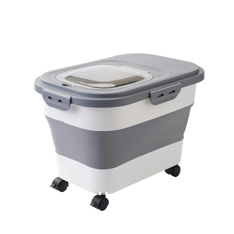 Foldable Cat Food Bucket on Wheels Multifunctional Pet Food Moisture Proof Box Dog Snack Container with Clear Lid Pet Supplies