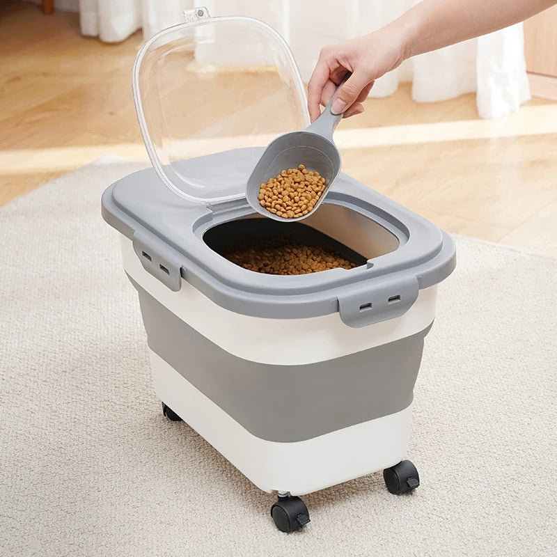 Foldable Cat Food Bucket on Wheels Multifunctional Pet Food Moisture Proof Box Dog Snack Container with Clear Lid Pet Supplies