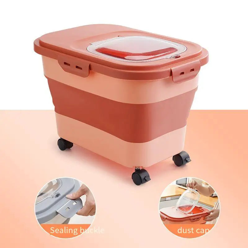 Foldable Cat Food Bucket on Wheels Multifunctional Pet Food Moisture Proof Box Dog Snack Container with Clear Lid Pet Supplies