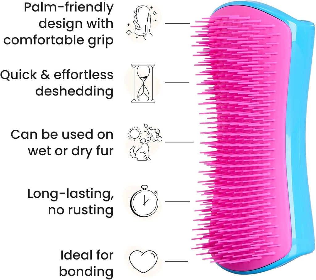 De-Shedding Dog Brush by , Dog Grooming Tool for Long Haired Breeds and Wet or Dry Fur, Large, Blue & Pink