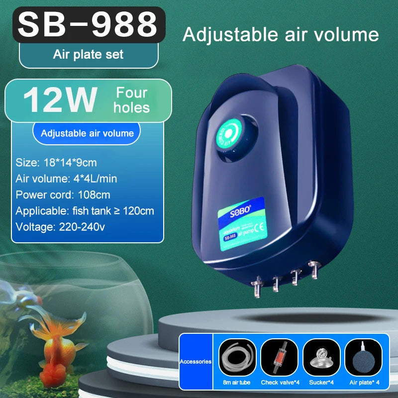 SOBO Silent Aquarium Oxygen Air Pump Fish Tank Adjustable Air Volume High Power Oxygenator Air Compressor Aerator 220V