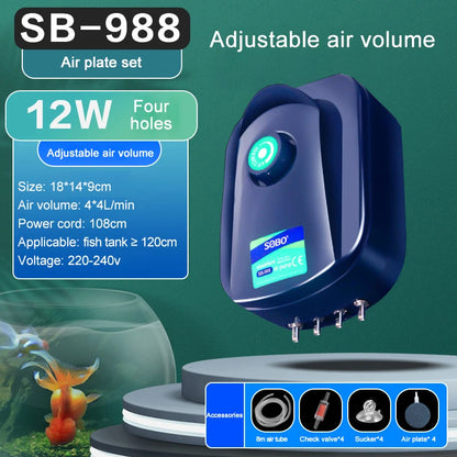 SOBO Silent Aquarium Oxygen Air Pump Fish Tank Adjustable Air Volume High Power Oxygenator Air Compressor Aerator 220V