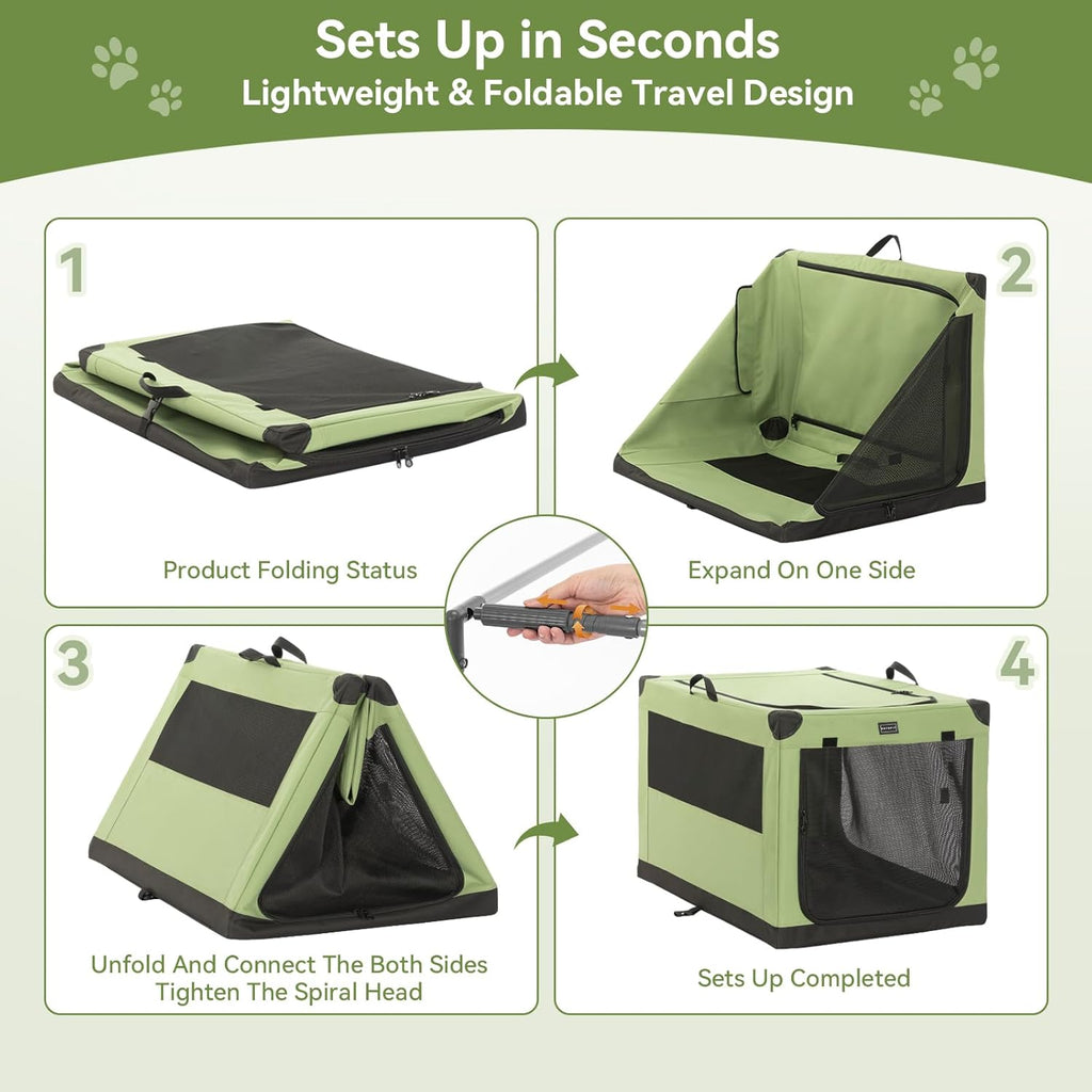 Soft Dog Crate, Dog Travel Crate - 36 Inch Lightweight, Easy Setup, Sturdy Portable Dog Crate, Adjustable Framework with 3 Mesh Door, Soft Sided Collapsible Dog Kennel Green