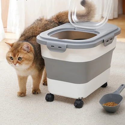 Foldable Cat Food Bucket on Wheels Multifunctional Pet Food Moisture Proof Box Dog Snack Container with Clear Lid Pet Supplies