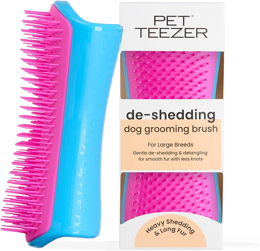 De-Shedding Dog Brush by , Dog Grooming Tool for Long Haired Breeds and Wet or Dry Fur, Large, Blue & Pink