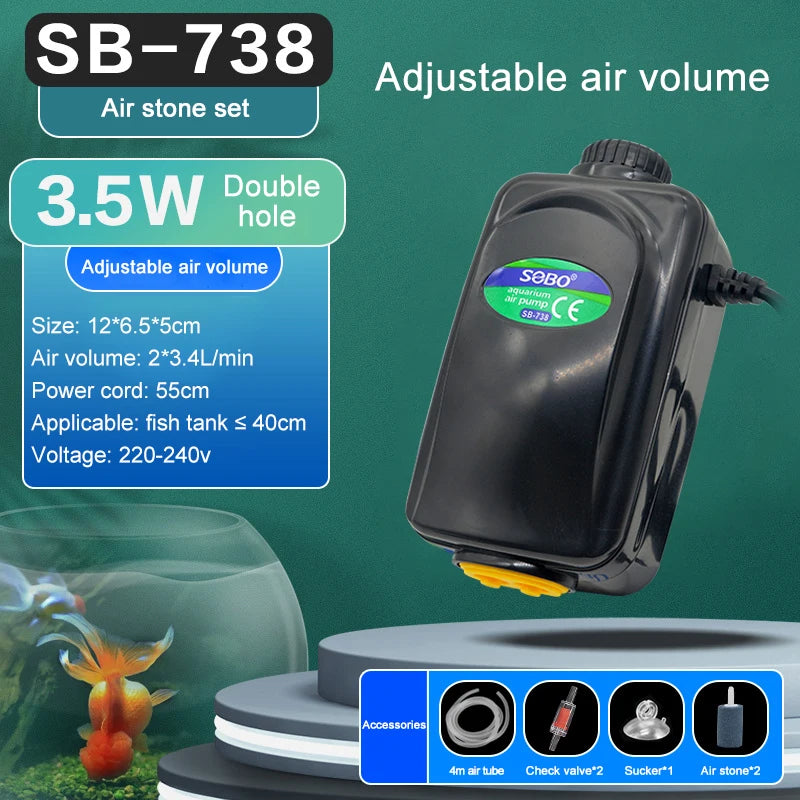 SOBO Silent Aquarium Oxygen Air Pump Fish Tank Adjustable Air Volume High Power Oxygenator Air Compressor Aerator 220V