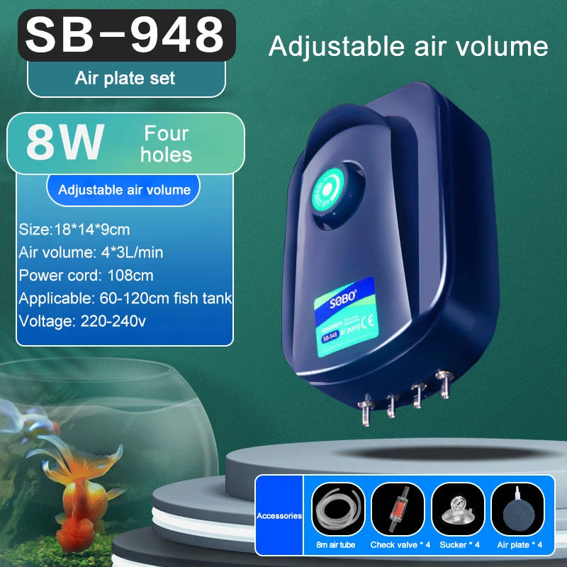 SOBO Silent Aquarium Oxygen Air Pump Fish Tank Adjustable Air Volume High Power Oxygenator Air Compressor Aerator 220V