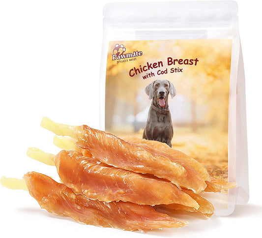 Dog Treats Chicken Tender Wrapped Cod Sticks, Rawhide-Free High Protein Dog Jerky Soft Chews, Healthy Training Snacks for Small Medium Large Dogs, 9-10 Counts, 10.58 OZ