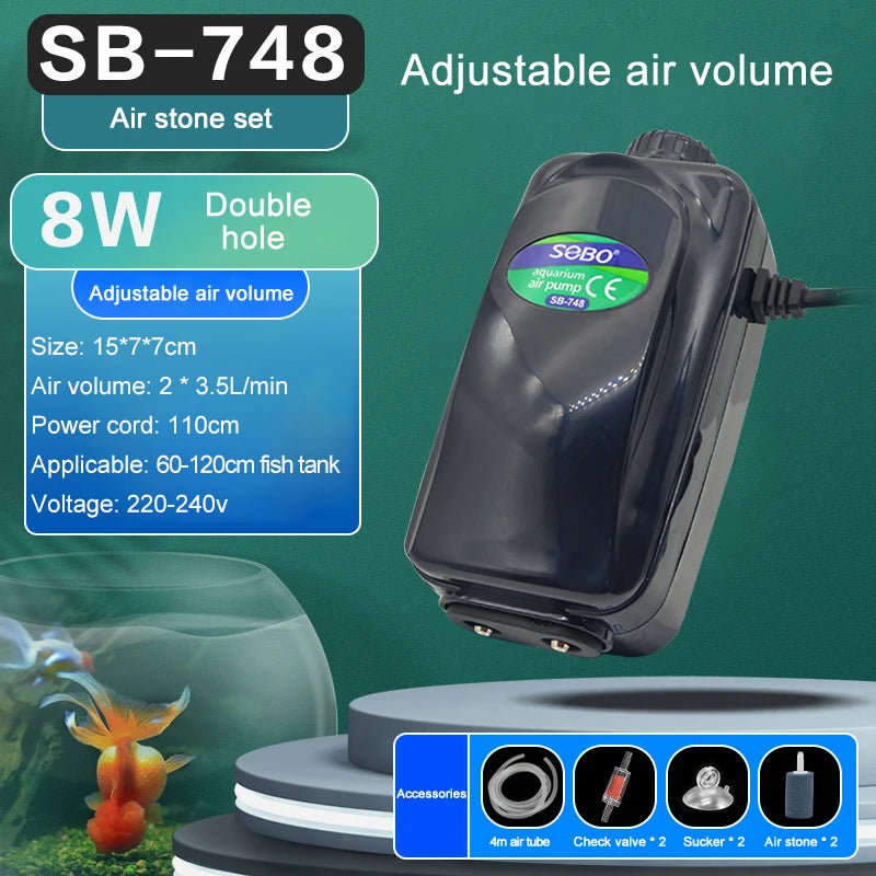 SOBO Silent Aquarium Oxygen Air Pump Fish Tank Adjustable Air Volume High Power Oxygenator Air Compressor Aerator 220V