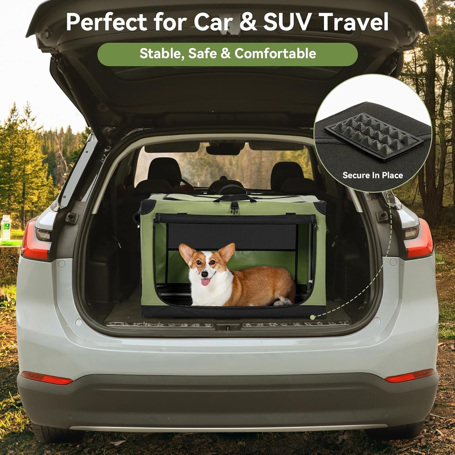 Soft Dog Crate, Dog Travel Crate - 36 Inch Lightweight, Easy Setup, Sturdy Portable Dog Crate, Adjustable Framework with 3 Mesh Door, Soft Sided Collapsible Dog Kennel Green