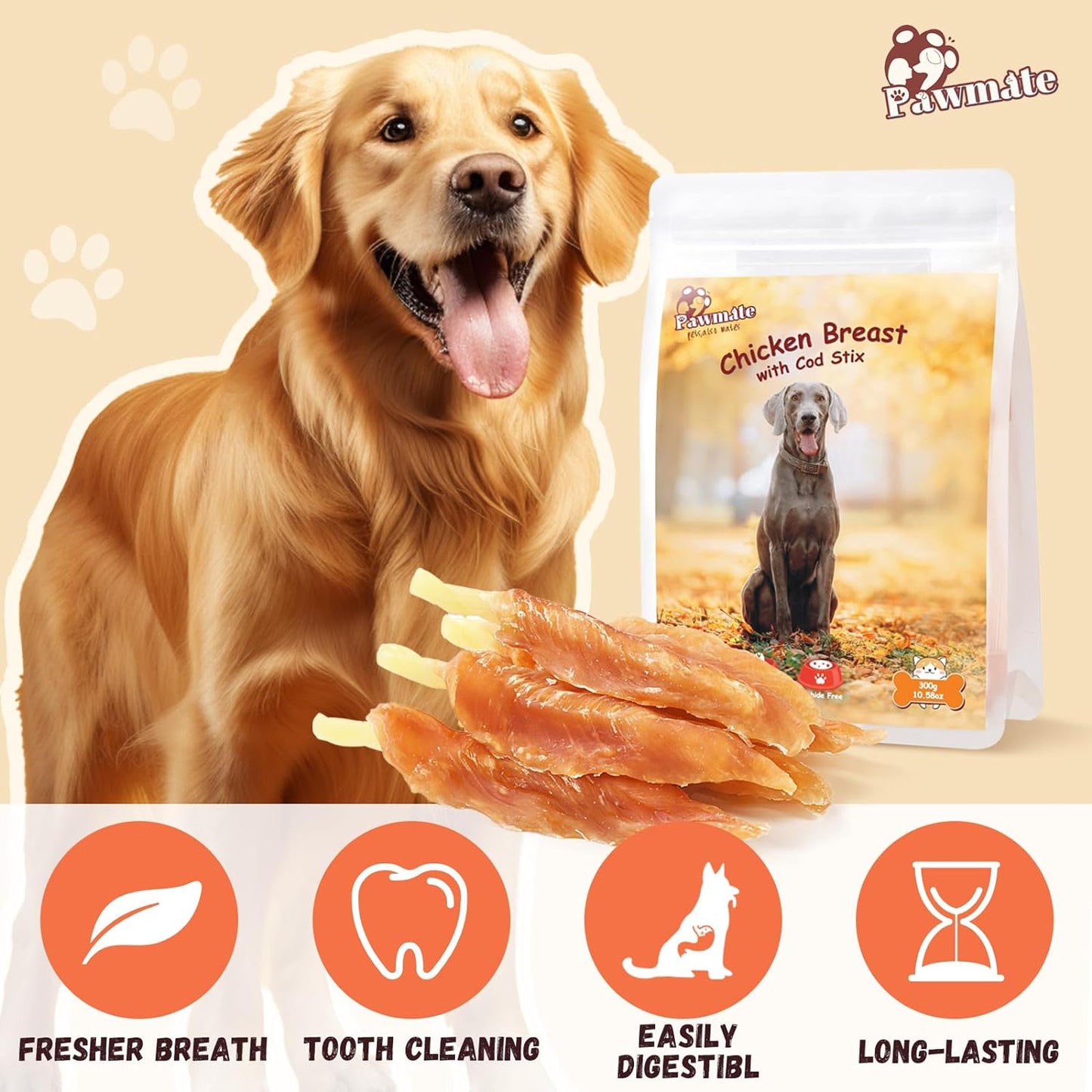 Dog Treats Chicken Tender Wrapped Cod Sticks, Rawhide-Free High Protein Dog Jerky Soft Chews, Healthy Training Snacks for Small Medium Large Dogs, 9-10 Counts, 10.58 OZ