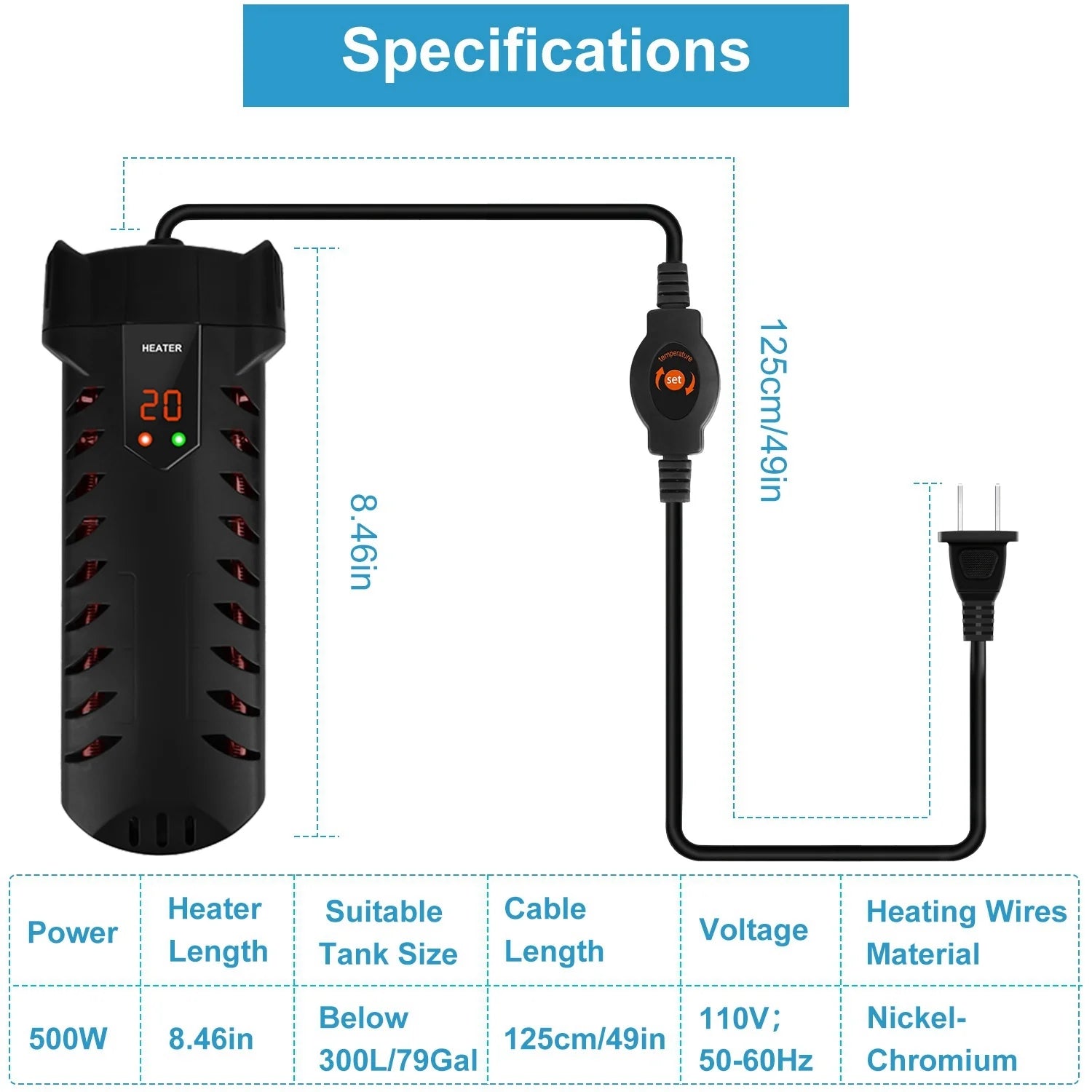 500W Submersible Aquarium Heater Temperature Adjustable External Controller 79Gal Fish Tank Heater Aquarium Thermostat Heater for Freshwater Saltwater