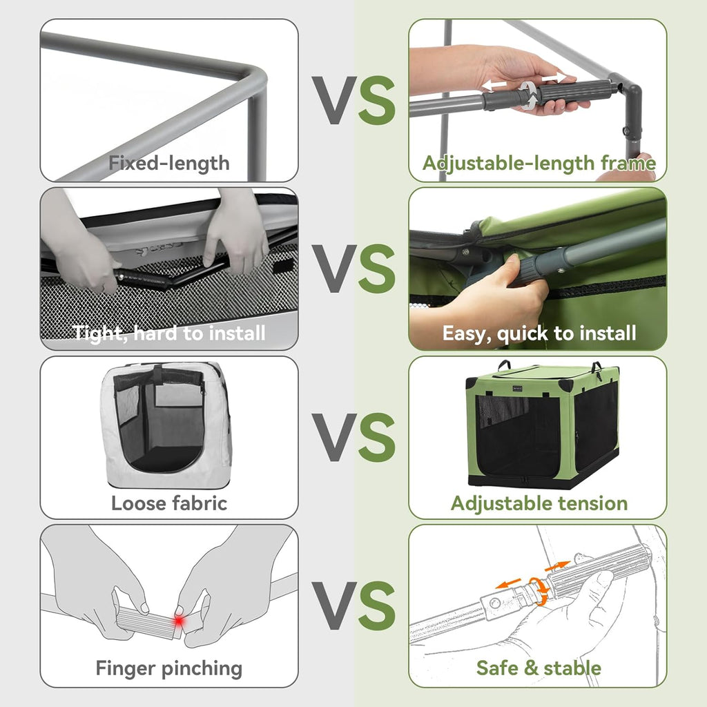 Soft Dog Crate, Dog Travel Crate - 36 Inch Lightweight, Easy Setup, Sturdy Portable Dog Crate, Adjustable Framework with 3 Mesh Door, Soft Sided Collapsible Dog Kennel Green