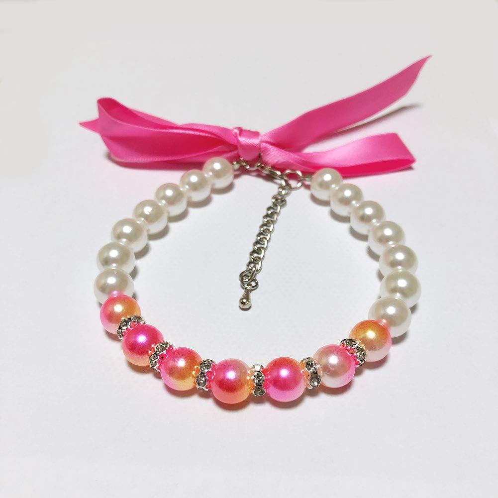 Ombre Pearls Dog Necklace Jewelry for Small Dogs Puppy - Bling Rhinestones Cat Wedding Collar - Chihuahua Yorkie Girl Clothes Costume Outfits Accessories (Ombre Pink, Size S)