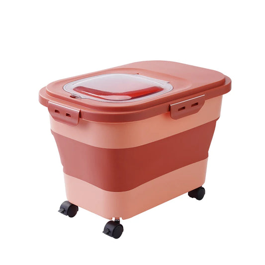 Foldable Cat Food Bucket on Wheels Multifunctional Pet Food Moisture Proof Box Dog Snack Container with Clear Lid Pet Supplies