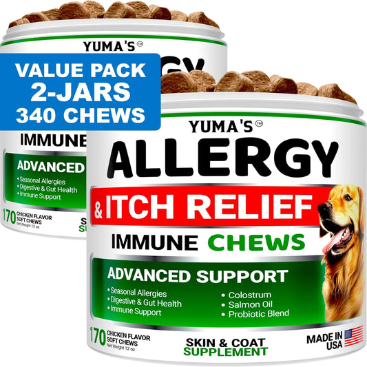 YUMA'S 2 Pack Dog Allergy Relief Chews Dog Itching Skin Relief Treatment Pills anti Itch for Dogs Itchy and Paw Licking Dry Skin & Hot Spots Omega 3 Fish Oil Skin & Coat Supplement