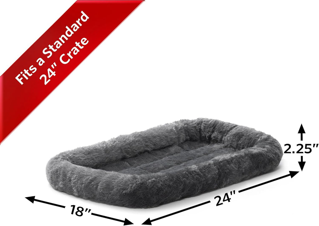 Dog Bed – Gray Faux Fur Bolster, Ultra-Soft and Machine Washable, Fits 24-Inch Crates and Carriers, for Small Dogs and Cats